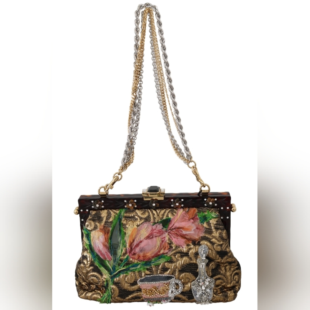 DOLCE & GABBANA Bag Purse VANDA Gold Floral Crystal Shoulder Bag